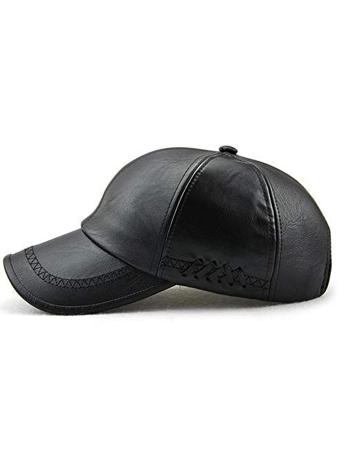 Dewsshine Plain Baseball Cap, Men Adjustable Structured PU Classic Baseball Cap Hat，Winter for Elderly Father