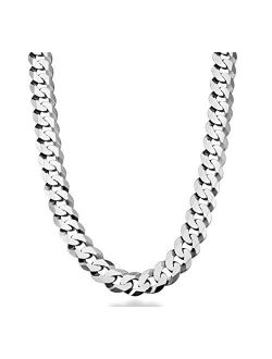 Solid 925 Sterling Silver Italian 12mm (1/2 Inch) Solid Diamond-Cut Cuban Link Curb Chain Necklace For Men, Made in Italy