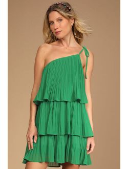 Blowing Kisses Green Pleated One-Shoulder Mini Dress