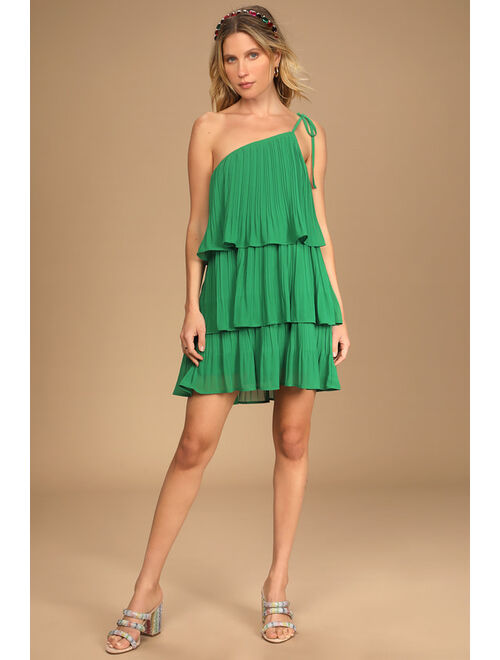Lulus Blowing Kisses Green Pleated One-Shoulder Mini Dress