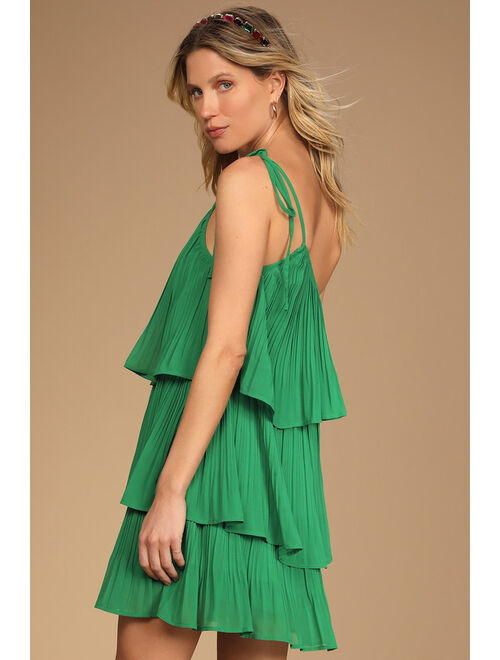 Lulus Blowing Kisses Green Pleated One-Shoulder Mini Dress