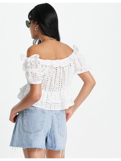 Vila exclusive eyelet cropped top with frill detail in white
