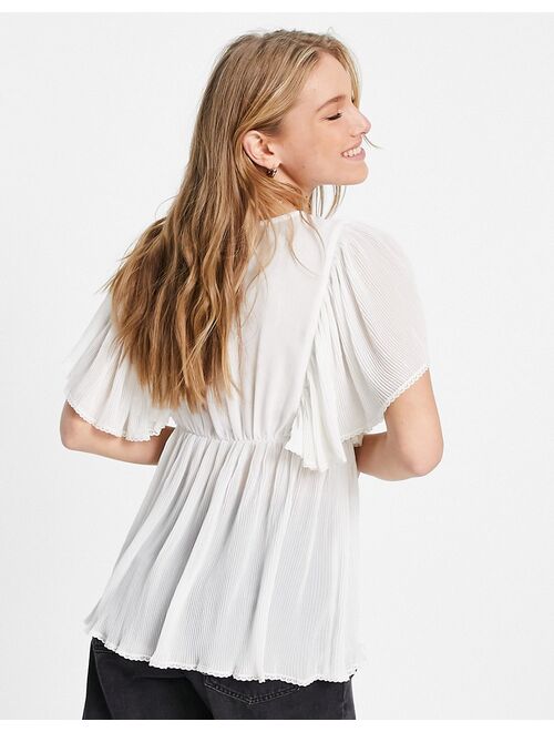 ASOS DESIGN eyelet top with pleated flutter sleeve in cream
