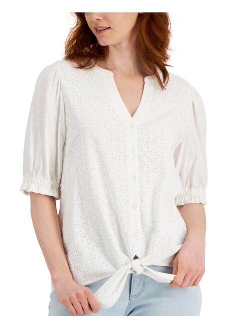 Charter Club Petite Tie-Front Cotton Eyelet Top