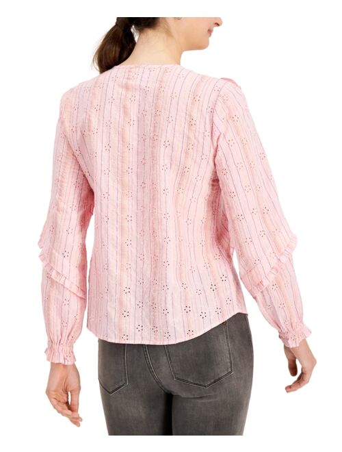 Charter Club Cotton Ruffled Eyelet Striped Blouse