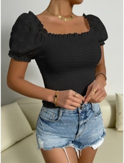 Eyelet Embroidery Puff Sleeve Shirred Top