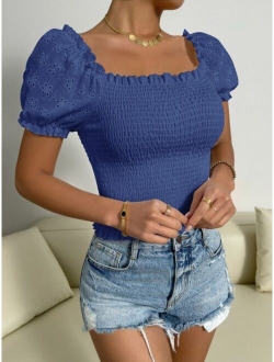 Eyelet Embroidery Puff Sleeve Shirred Top