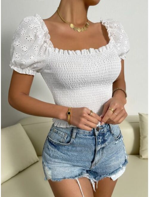 Shein Eyelet Embroidery Puff Sleeve Shirred Top
