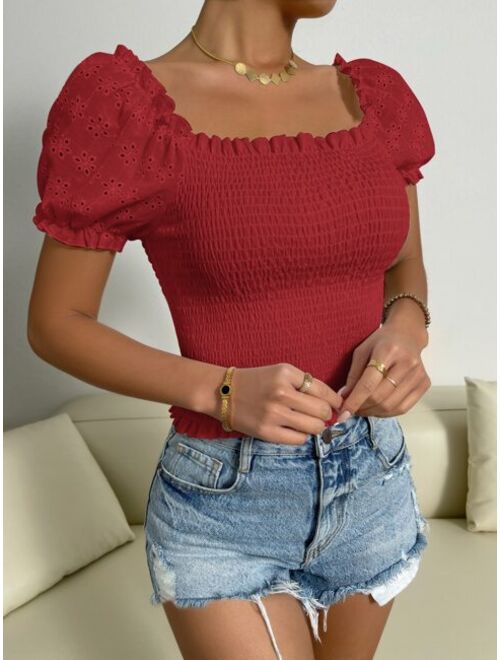 Shein Eyelet Embroidery Puff Sleeve Shirred Top
