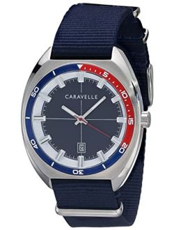 Caravelle Retro Quartz 43B167 Mens Watch, Stainless Steel with Blue Nylon Strap, Silver-Tone