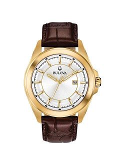 Classic Quartz Calendar Men's Men's 97B185 Watch, Stainless Steel with Brown Leather Strap, Gold-Tone