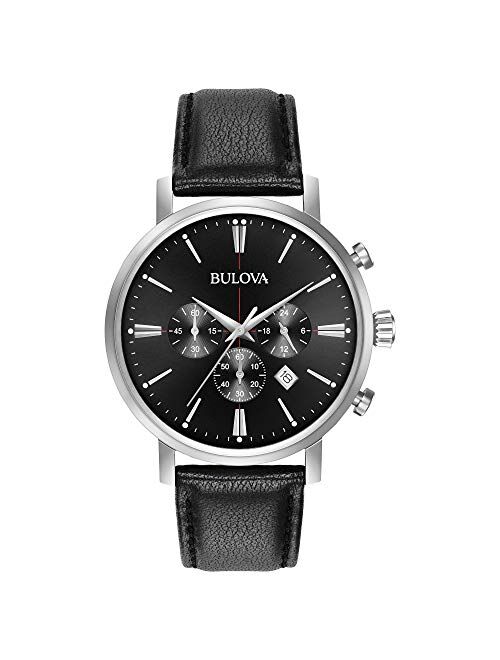 Bulova Classic Chronograph Men's 96B262 Stainless Steel with Black Leather Strap, Silver-Tone