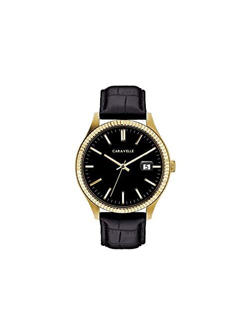 Bulova Caravelle Dress Quartz Men's 44B118 Watch, Stainless Steel with Black Leather Strap, Gold-Tone