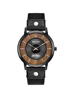 Classic Men's 98A222 Watch, Stainless Steel with Black Leather StrapWe Are Family, Black