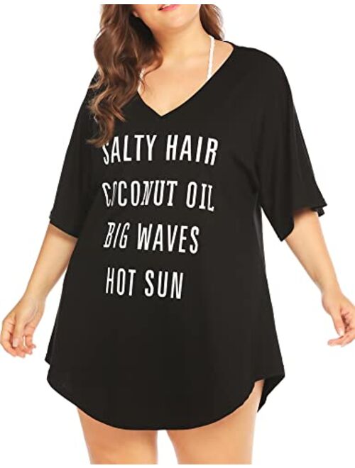 IN'VOLAND Women Plus Size Swimwear Baggy T-Shirts V Neck Letters Print Swimwear Bikini Beach Cover up