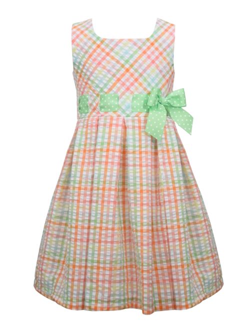 Bonnie Baby Baby Girls Seersucker Plaid Dress with Pull Through Ribbon at Waist with Matching Panty