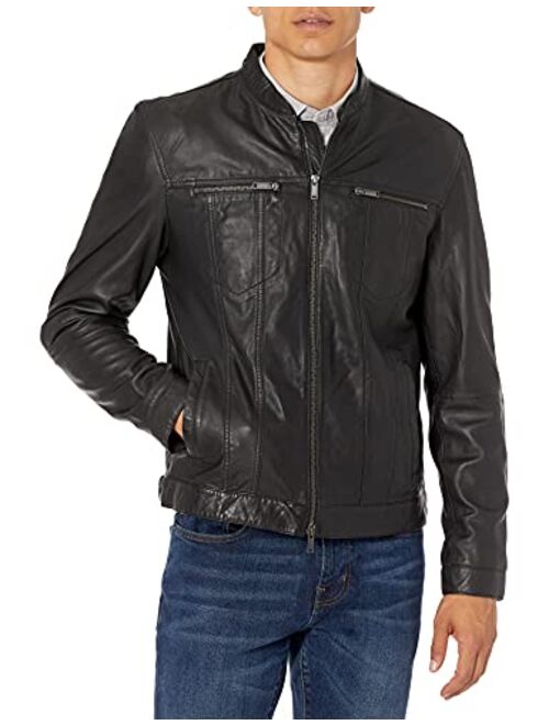 John Varvatos Star USA Men's Band Collar Leather Moto Jacket