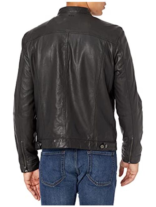 John Varvatos Star USA Men's Band Collar Leather Moto Jacket