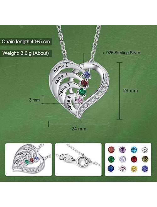 Love Jewelry 925 Sterling Silver Mother Necklace with 4 Simulated Birthstones Personalized Women's Promise Necklace Engraved Names Family Anniversary Jewelry for Grandma