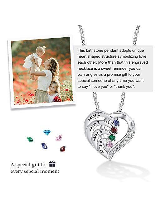 Love Jewelry 925 Sterling Silver Mother Necklace with 4 Simulated Birthstones Personalized Women's Promise Necklace Engraved Names Family Anniversary Jewelry for Grandma