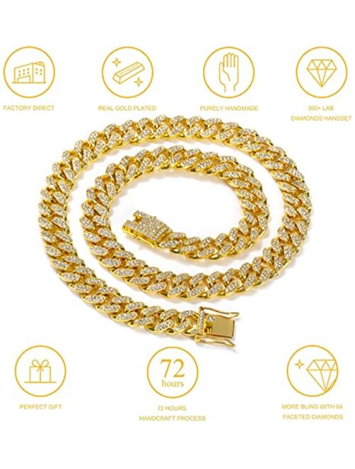 Huitian Intl HUITIAN Women Mens Cuban Link Chain Gold Silver Bling Miami Cuban Necklace Diamond Chain for Men Iced-Out Hip Hop Jewelry