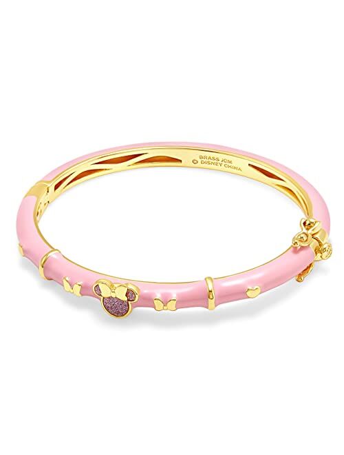 Disney Jewelry for Girls Pink Minnie Mouse Bangle Bracelet, Yellow Gold Plated, Glitter Accent, 2.5"