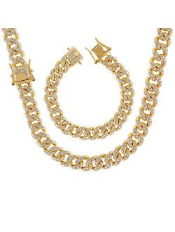 Putouzip Men's 12MM 14MM 20MM Chains 18K Gold Plated CZ Fully Iced-Out Miami Cuban Necklace Bracelet Set