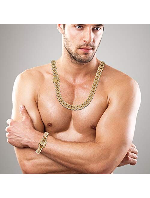 Putouzip Men's 12MM 14MM 20MM Chains 18K Gold Plated CZ Fully Iced-Out Miami Cuban Necklace Bracelet Set