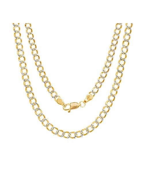 Nuragold 10k Yellow Gold 3.5mm Cuban Chain Curb Link Diamond Cut Pave Two Tone Pendant Necklace, Mens Womens Lobster Clasp 16" 18" 20" 22" 24" 26" 28" 30"