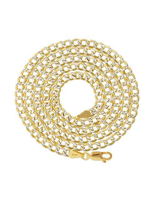 Nuragold 10k Yellow Gold 3.5mm Cuban Chain Curb Link Diamond Cut Pave Two Tone Pendant Necklace, Mens Womens Lobster Clasp 16" 18" 20" 22" 24" 26" 28" 30"