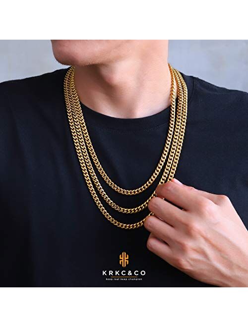 Krkc&Co Keep Real Keep Champion KRKC&CO 6/9/12mm Miami Cuban Link Chain for Men, 18K Gold Plated Stainless Steel Anti-Tarnish Anti-Allergies Hip Hop Rapper Chain Necklace