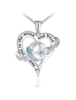 Distance Heart Necklace for Women 925 Sterling Silver Moon Star Necklace Engraved I Love You to The Moon and Back Valentine's Necklaces for Girlfriend