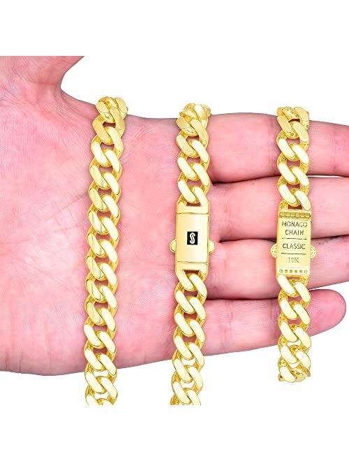 Nuragold 10k Yellow Gold 11mm Royal Monaco Miami Cuban Link Chain Necklace, Mens Jewelry Fancy Box Clasp 18" - 30"