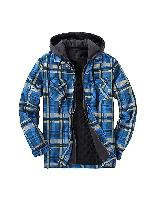 DOSLAVIDA Men's Quilted Lined Flannel Jackets Thicken Hooded Plaid Shirt Jacket Heavyweight Long Sleeve Button Down Shirts