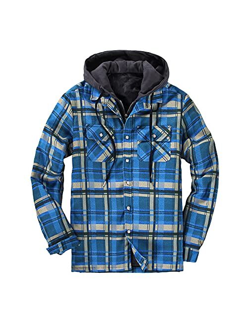 DOSLAVIDA Men's Quilted Lined Flannel Jackets Thicken Hooded Plaid Shirt Jacket Heavyweight Long Sleeve Button Down Shirts