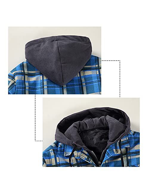 DOSLAVIDA Men's Quilted Lined Flannel Jackets Thicken Hooded Plaid Shirt Jacket Heavyweight Long Sleeve Button Down Shirts