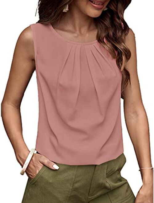 Milumia Women's Casual Pleated Round Neck Sleeveless Work Office Blouse Top