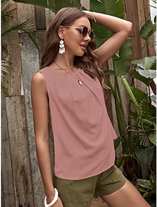 Milumia Women's Casual Pleated Round Neck Sleeveless Work Office Blouse Top