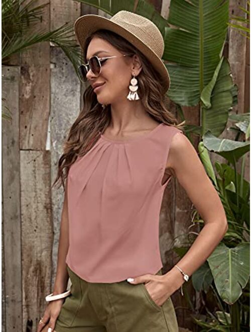 Milumia Women's Casual Pleated Round Neck Sleeveless Work Office Blouse Top