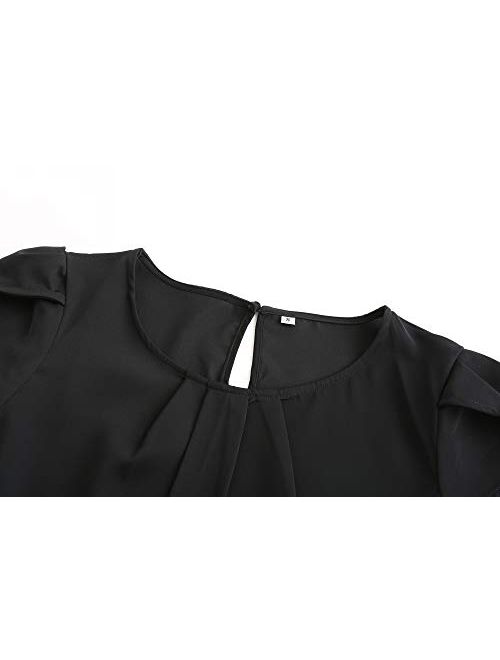 TASAMO Women's Casual Round Neck Basic Pleated Top Cap Sleeve Curved Keyhole Back Chiffon Blouse