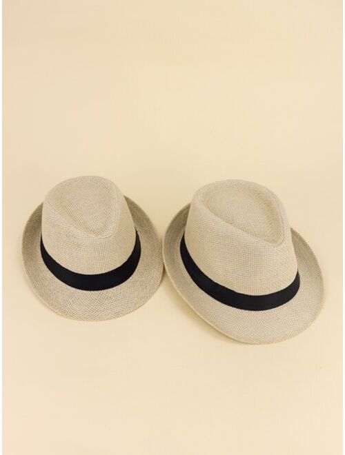 Shein 2pcs Parent-boys Belt Decor Straw Hat