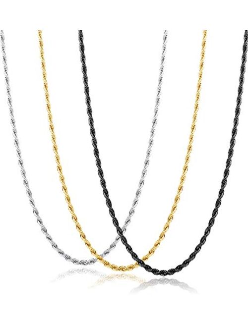 Jstyle Father Day's Gift for Dad 3Pcs 3MM Stainless Steel Twist Rope Chain Necklace for Men Women Silver/Gold/Black Tone,16-30 Inches
