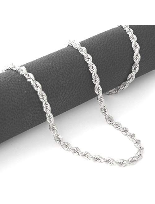 Nuragold 10k White Gold 3mm Rope Chain Diamond Cut Pendant Necklace, Mens Womens Lobster Clasp 18" 20" 22" 24" 26" 28" 30"