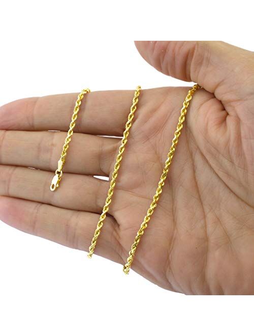 Nuragold 14k Yellow Gold 3mm Solid Rope Chain Diamond Cut Pendant Necklace, Mens Womens Lobster Clasp 16" 18" 20" 22" 24" 26" 28" 30"