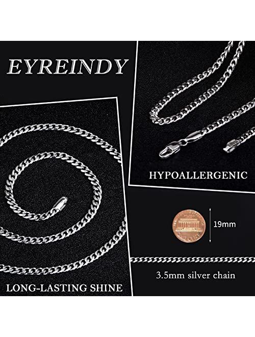 Eyreindy 3.5mm Silver Colored Chain for Men, Diamond Cut Silver Colored Cuban Link Chain for Men Women, Stainless Steel Mens Chain Necklaces 16, 18, 20, 22, 24, 26, 28 In