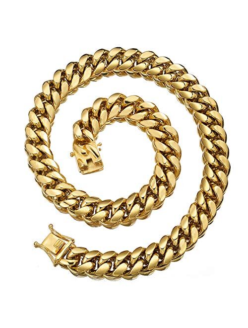 Jewelry Kingdom 1 Gold Cuban Link Chain Necklace or Bracelet for Men 15mm 18K Stainless Steel Chunky Thick Heavy Miami Curb Chains 8-30 inch Valentines Jewelry