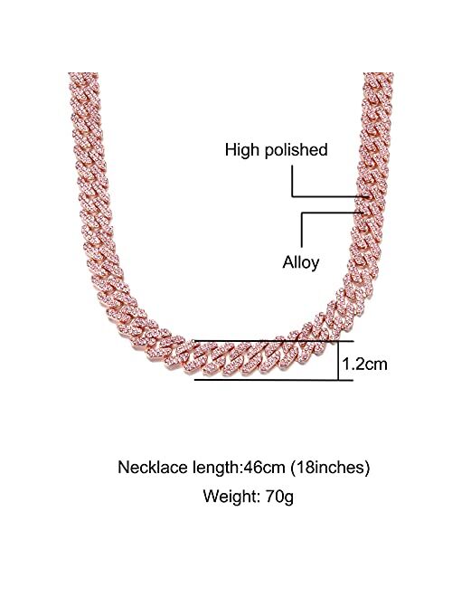 FEEL STYLE Cuban Link Chain Diamond Miami Cuban Necklace 12mm Pink Crystal Bling Iced Out Necklace for Men Women Hip Hop Jewelry