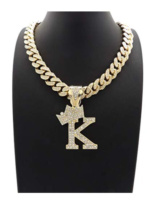 BLINGFACTORY Hip Hop Alphabet Initial K Pendant & 12mm 18" Full Iced Box Lock Cuban Chain Necklace