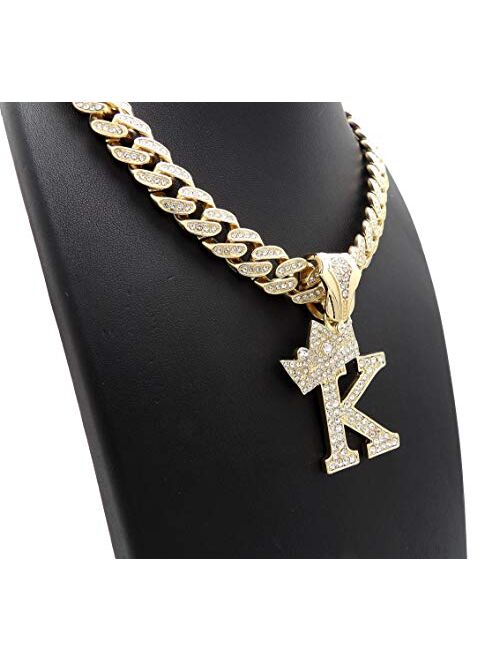 BLINGFACTORY Hip Hop Alphabet Initial K Pendant & 12mm 18" Full Iced Box Lock Cuban Chain Necklace