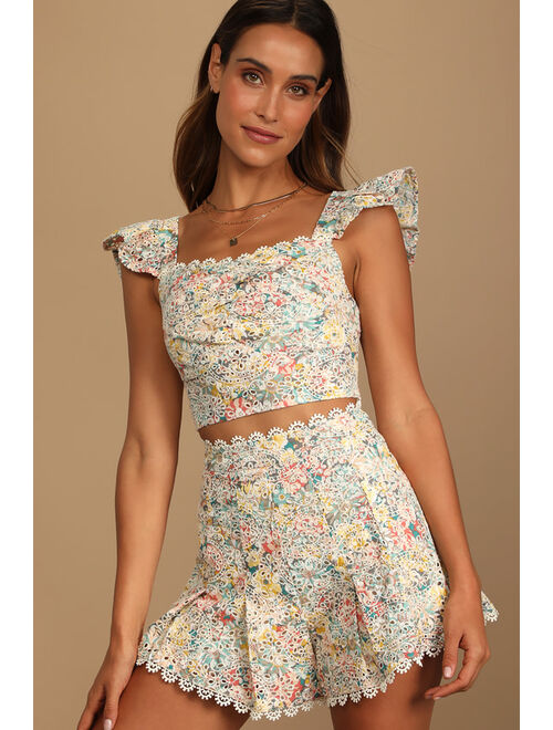 Lulus Sweeter than Ever Multi Floral Eyelet Lace Crop Top